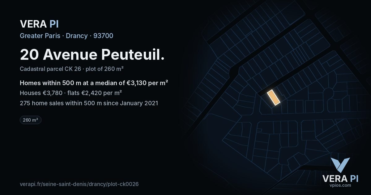 20 Avenue Peuteuil, Drancy at night – the plot lit, the parcels around coloured by the prices near them