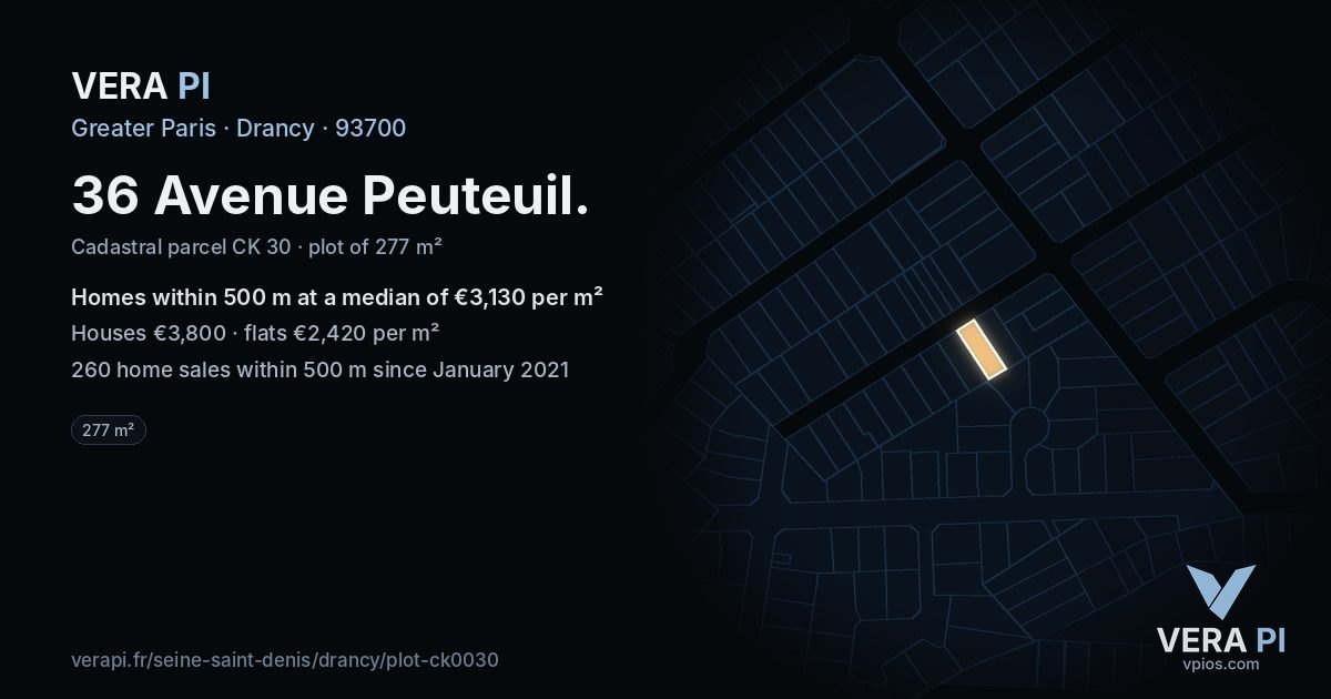 36 Avenue Peuteuil, Drancy at night – the plot lit, the parcels around coloured by the prices near them