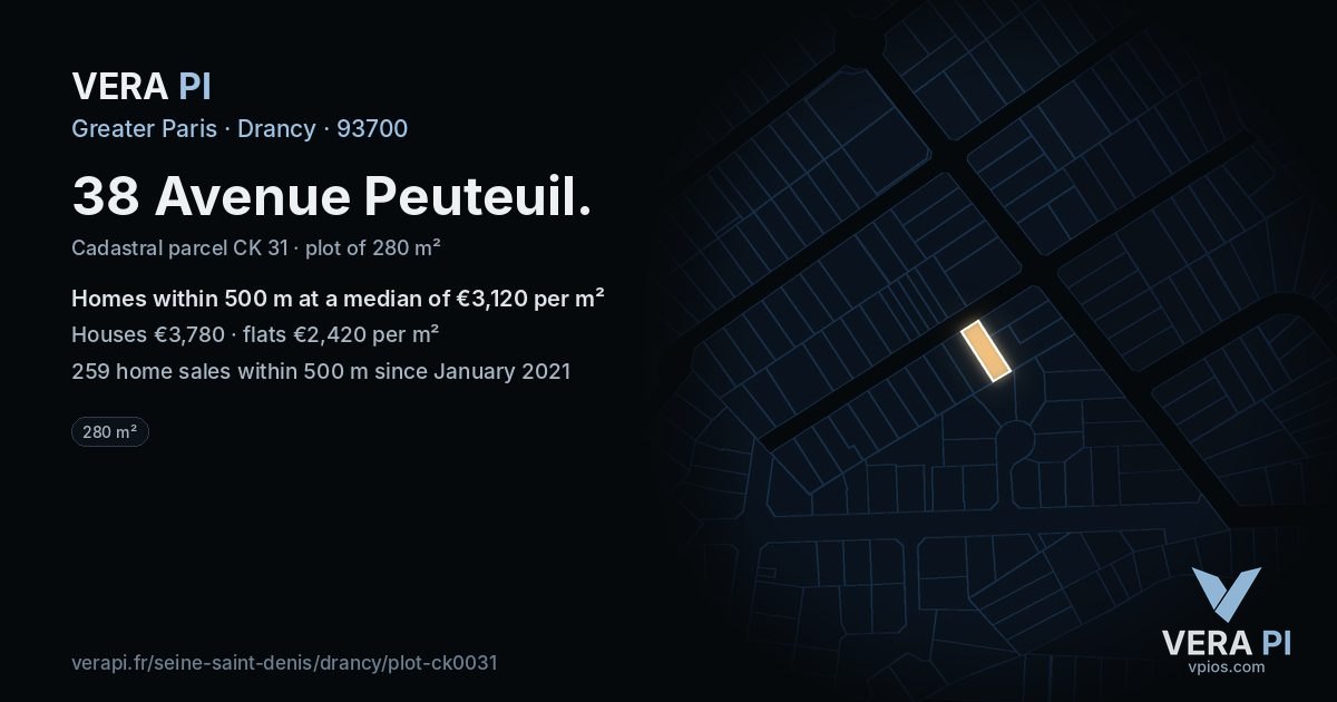 38 Avenue Peuteuil, Drancy at night – the plot lit, the parcels around coloured by the prices near them
