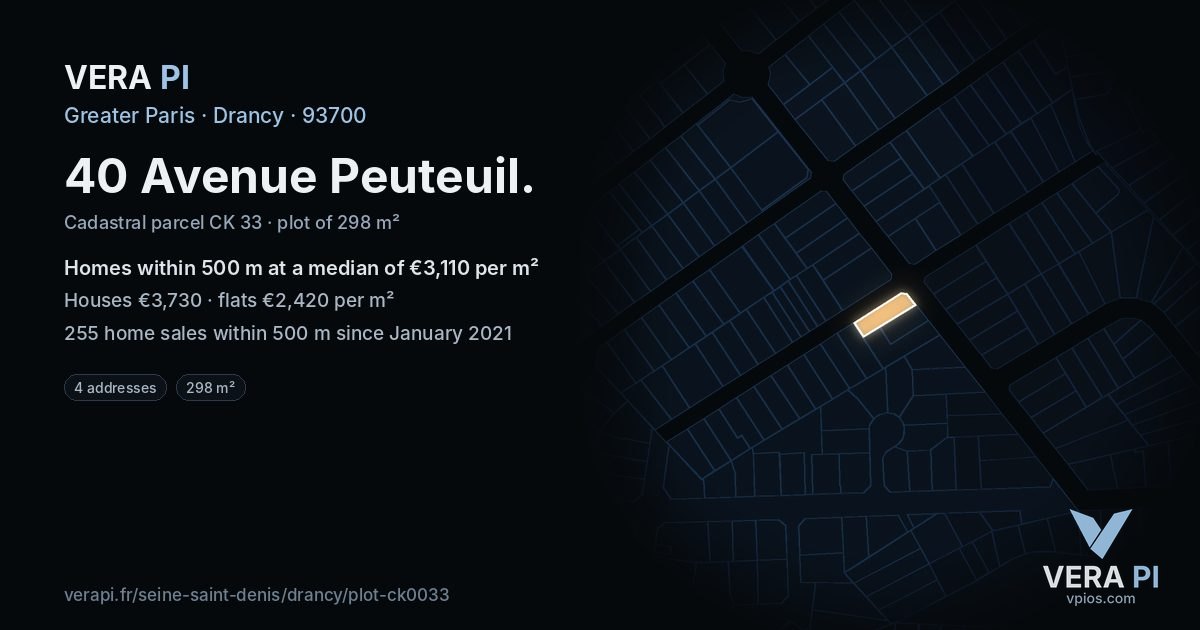 40 Avenue Peuteuil, Drancy at night – the plot lit, the parcels around coloured by the prices near them