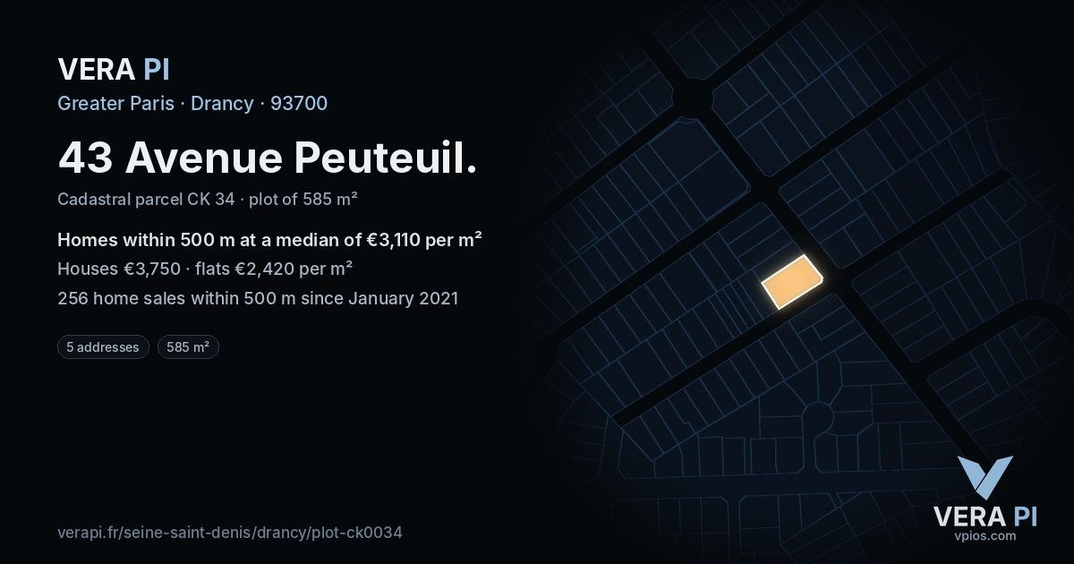 43 Avenue Peuteuil, Drancy at night – the plot lit, the parcels around coloured by the prices near them