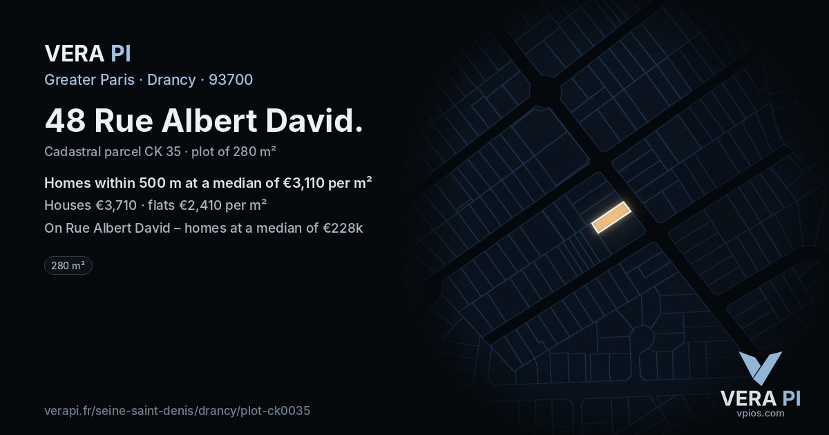 48 Rue Albert David, Drancy at night – the plot lit, the parcels around coloured by the prices near them