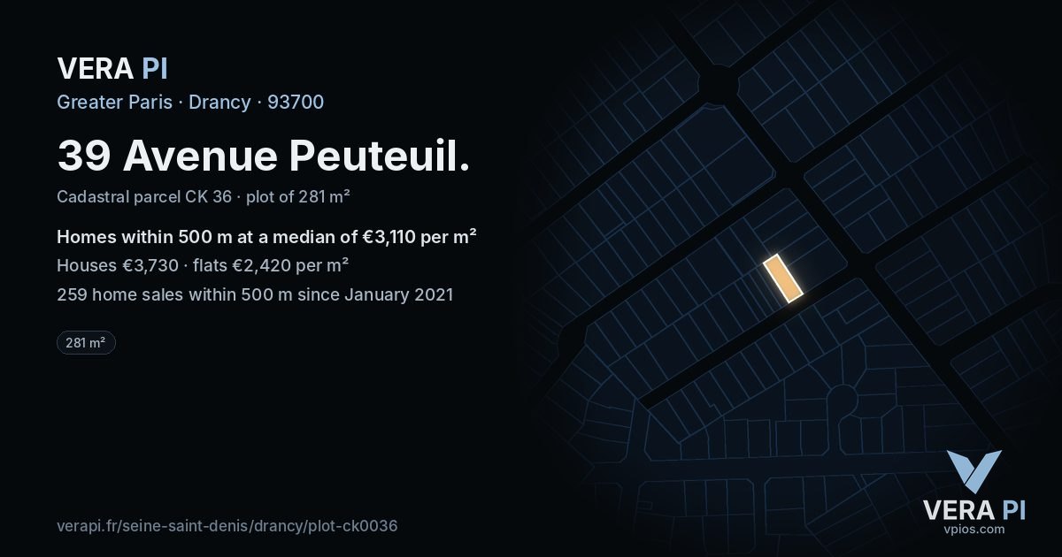 39 Avenue Peuteuil, Drancy at night – the plot lit, the parcels around coloured by the prices near them