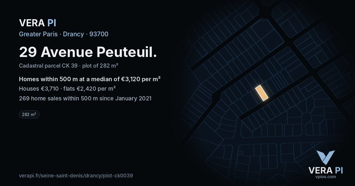 29 Avenue Peuteuil, Drancy at night – the plot lit, the parcels around coloured by the prices near them
