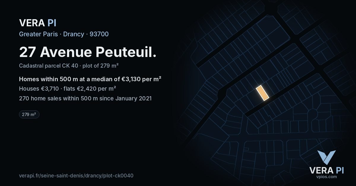 27 Avenue Peuteuil, Drancy at night – the plot lit, the parcels around coloured by the prices near them