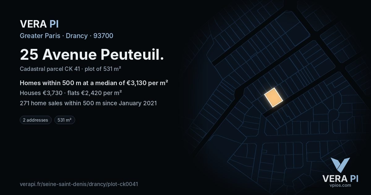 25 Avenue Peuteuil, Drancy at night – the plot lit, the parcels around coloured by the prices near them
