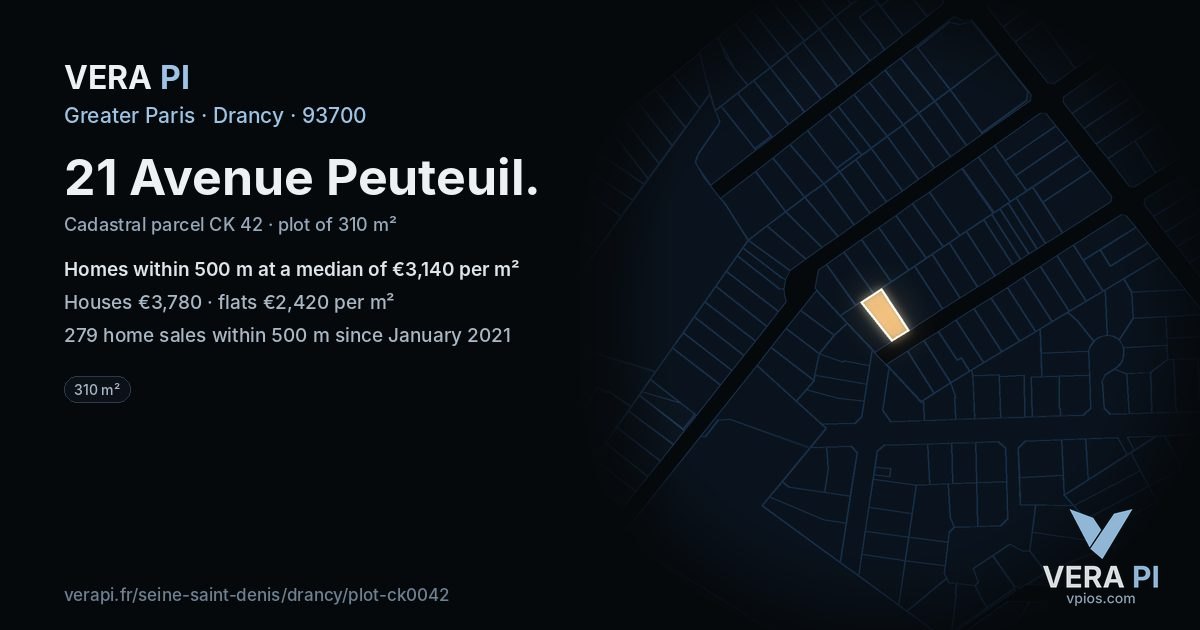 21 Avenue Peuteuil, Drancy at night – the plot lit, the parcels around coloured by the prices near them