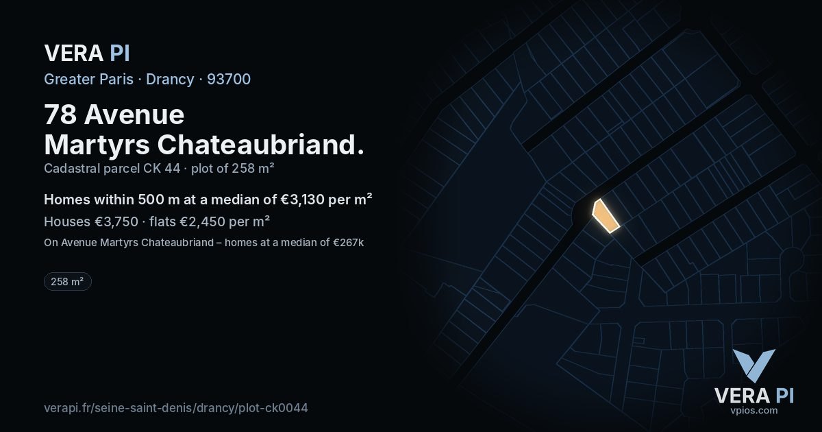 78 Avenue Martyrs Chateaubriand, Drancy at night – the plot lit, the parcels around coloured by the prices near them