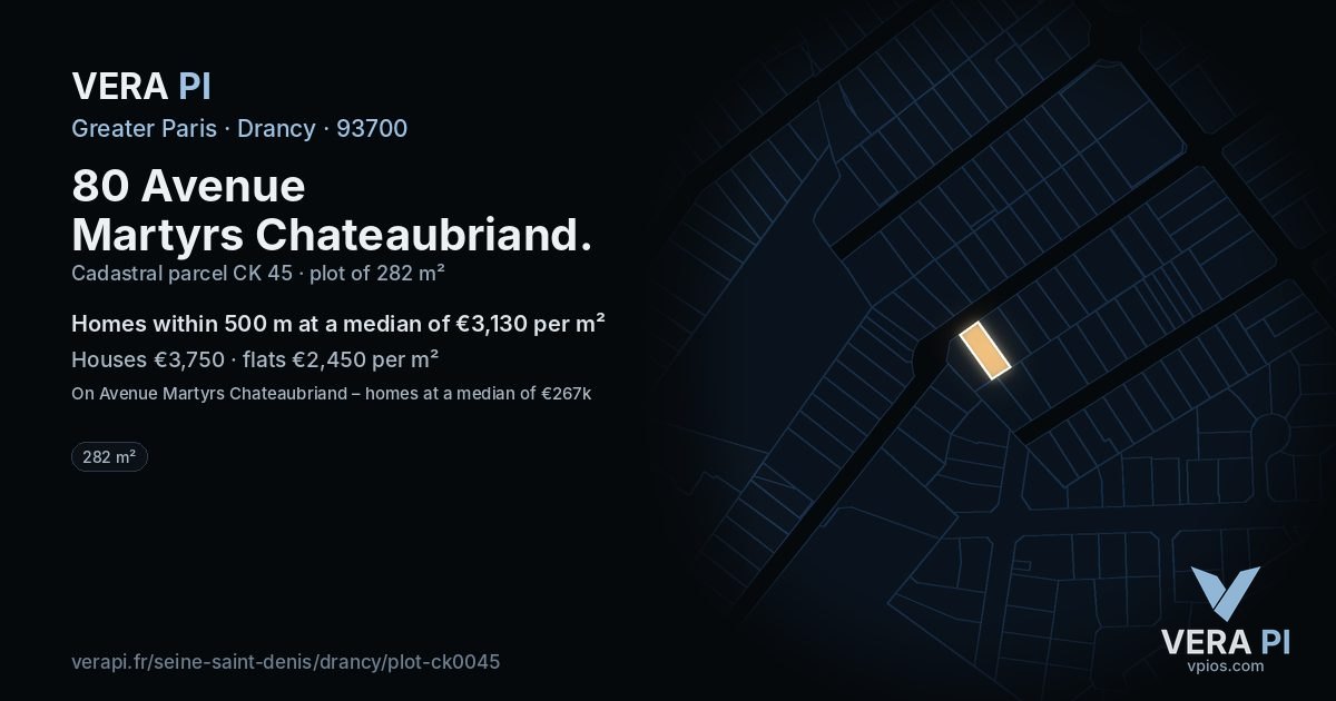 80 Avenue Martyrs Chateaubriand, Drancy at night – the plot lit, the parcels around coloured by the prices near them