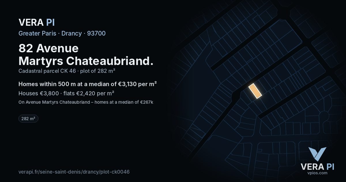 82 Avenue Martyrs Chateaubriand, Drancy at night – the plot lit, the parcels around coloured by the prices near them