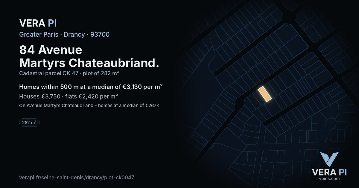 84 Avenue Martyrs Chateaubriand, Drancy at night – the plot lit, the parcels around coloured by the prices near them