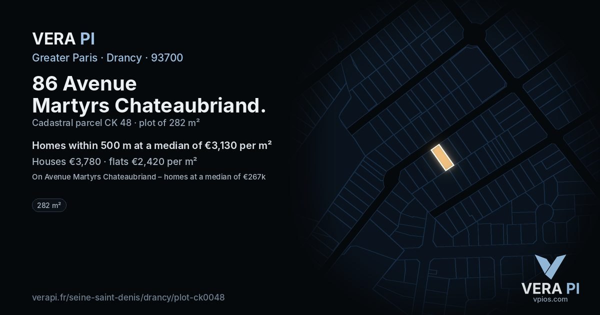 86 Avenue Martyrs Chateaubriand, Drancy at night – the plot lit, the parcels around coloured by the prices near them