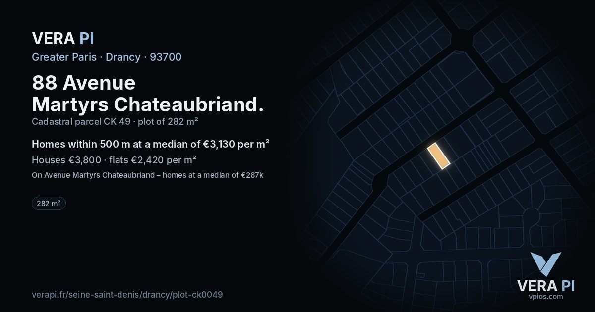 88 Avenue Martyrs Chateaubriand, Drancy at night – the plot lit, the parcels around coloured by the prices near them
