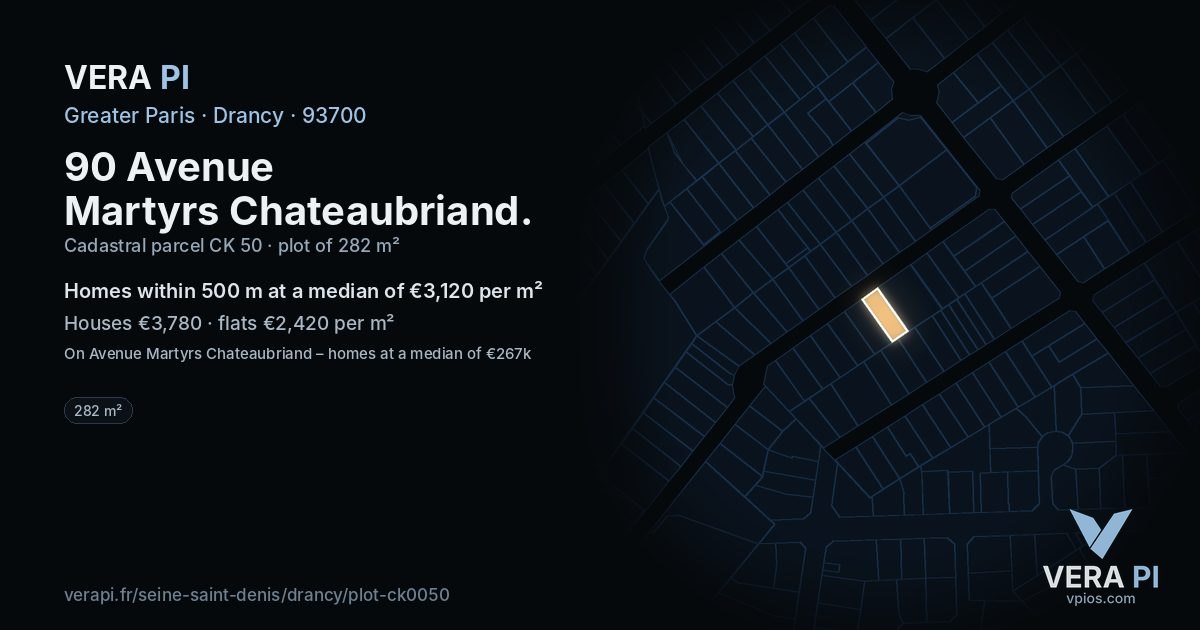 90 Avenue Martyrs Chateaubriand, Drancy at night – the plot lit, the parcels around coloured by the prices near them
