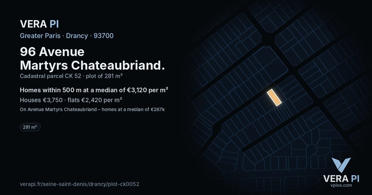 96 Avenue Martyrs Chateaubriand, Drancy at night – the plot lit, the parcels around coloured by the prices near them