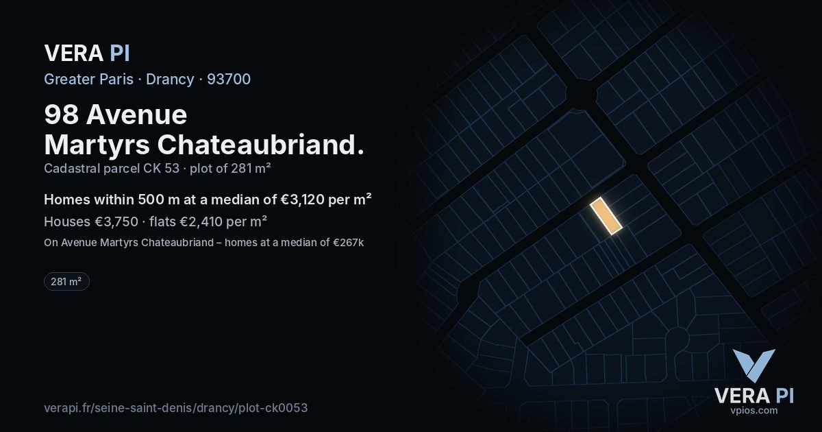 98 Avenue Martyrs Chateaubriand, Drancy at night – the plot lit, the parcels around coloured by the prices near them