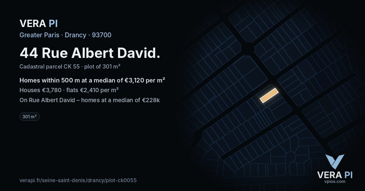44 Rue Albert David, Drancy at night – the plot lit, the parcels around coloured by the prices near them
