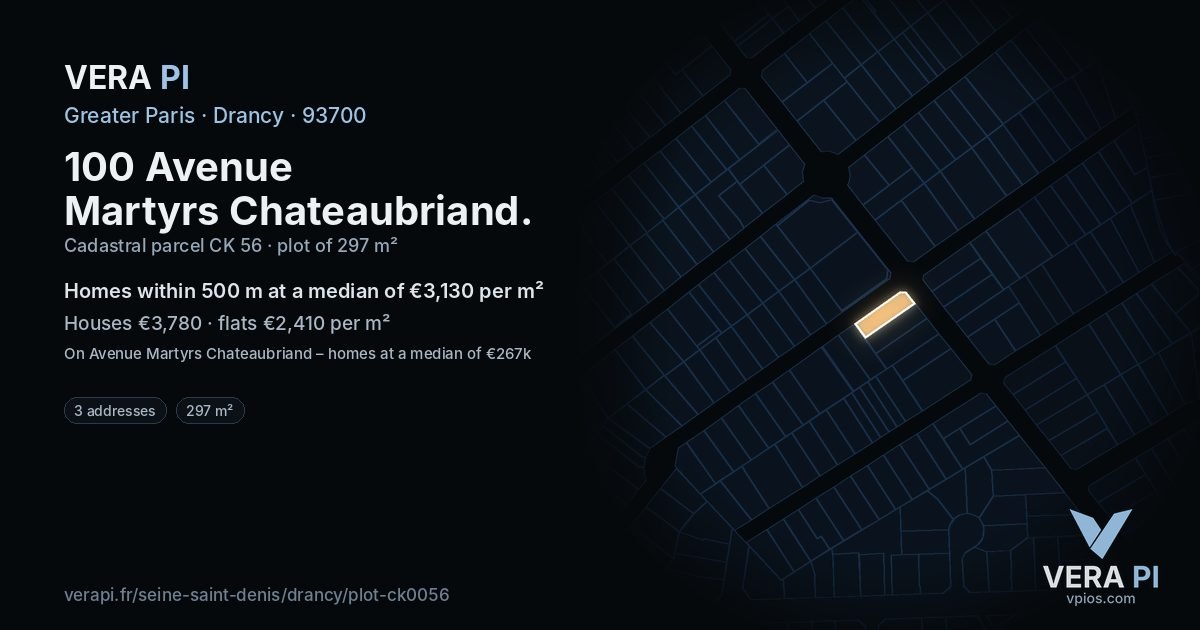100 Avenue Martyrs Chateaubriand, Drancy at night – the plot lit, the parcels around coloured by the prices near them