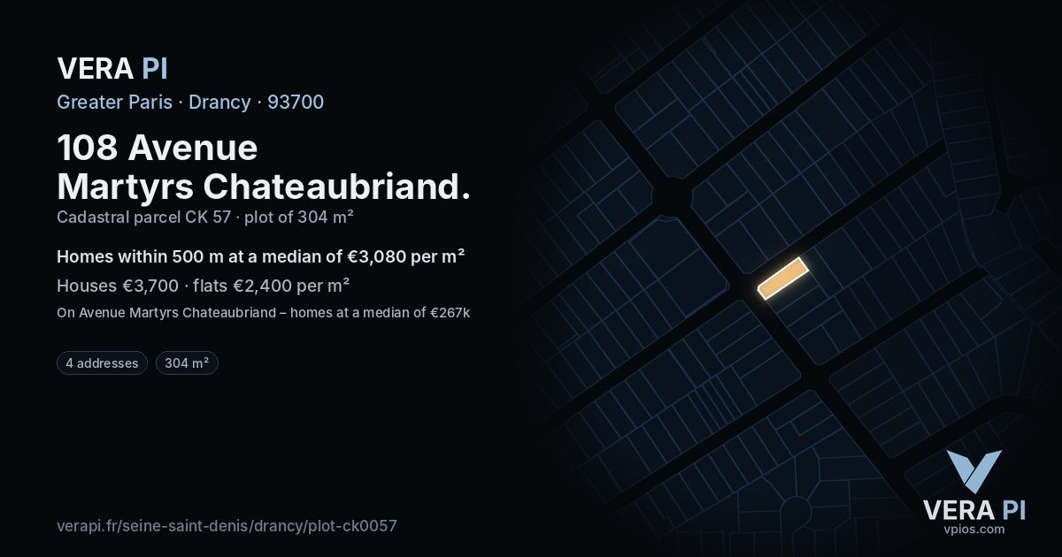 108 Avenue Martyrs Chateaubriand, Drancy at night – the plot lit, the parcels around coloured by the prices near them