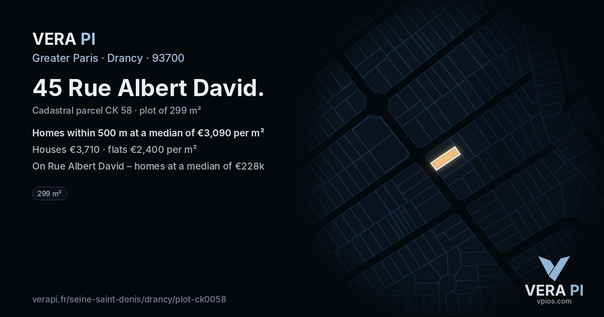 45 Rue Albert David, Drancy at night – the plot lit, the parcels around coloured by the prices near them