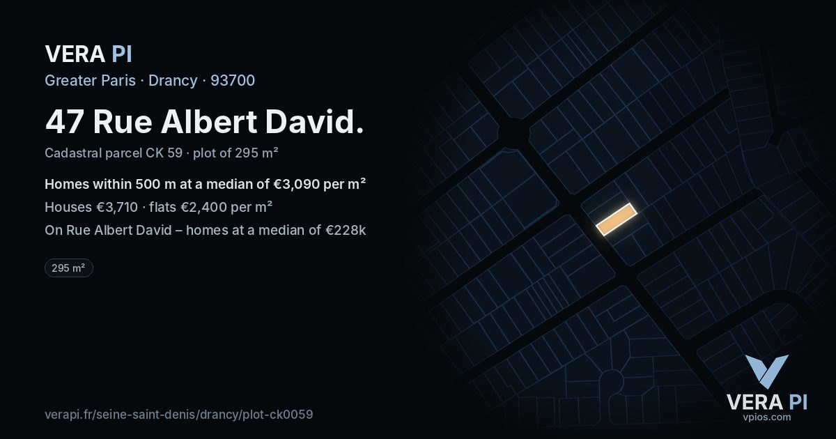 47 Rue Albert David, Drancy at night – the plot lit, the parcels around coloured by the prices near them