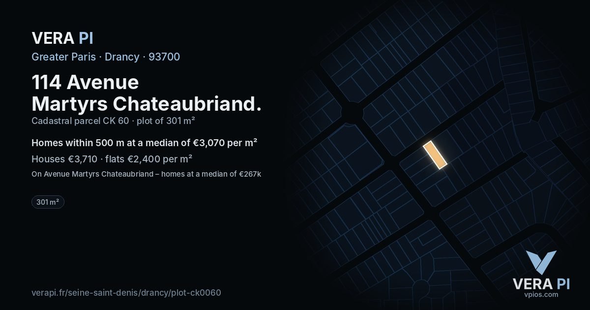 114 Avenue Martyrs Chateaubriand, Drancy at night – the plot lit, the parcels around coloured by the prices near them
