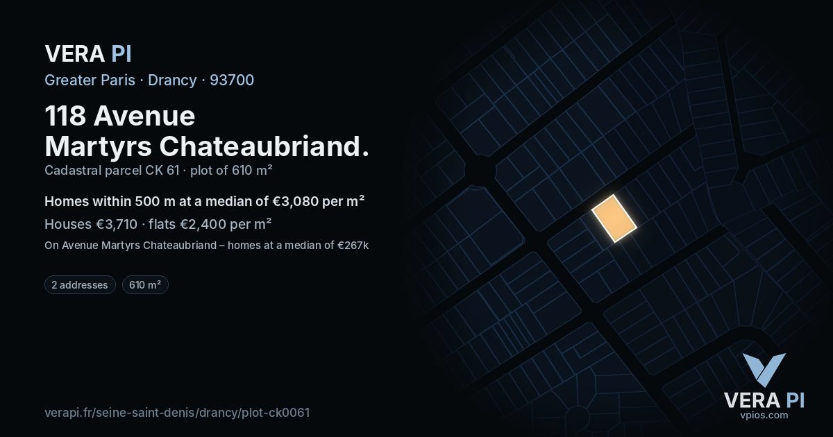 118 Avenue Martyrs Chateaubriand, Drancy at night – the plot lit, the parcels around coloured by the prices near them