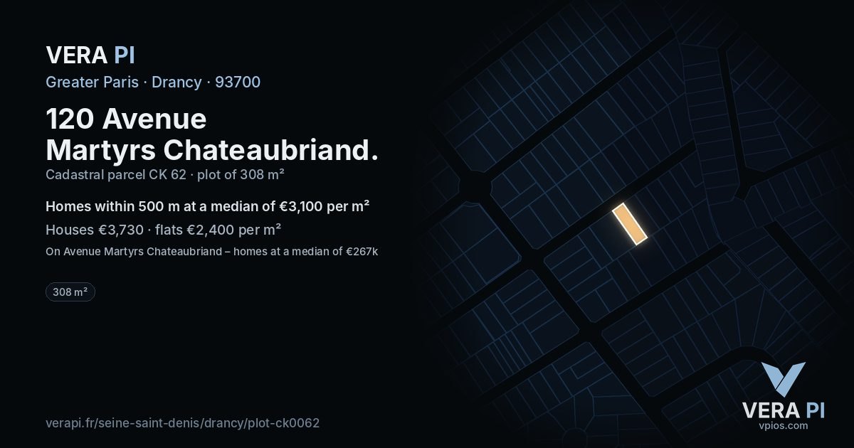 120 Avenue Martyrs Chateaubriand, Drancy at night – the plot lit, the parcels around coloured by the prices near them