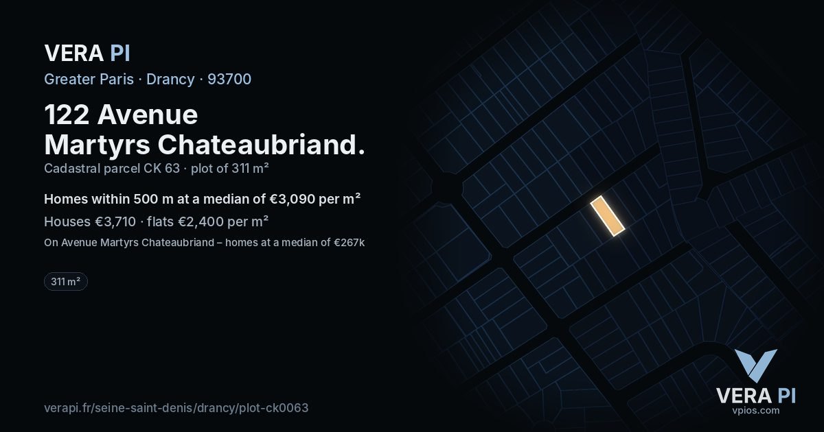 122 Avenue Martyrs Chateaubriand, Drancy at night – the plot lit, the parcels around coloured by the prices near them
