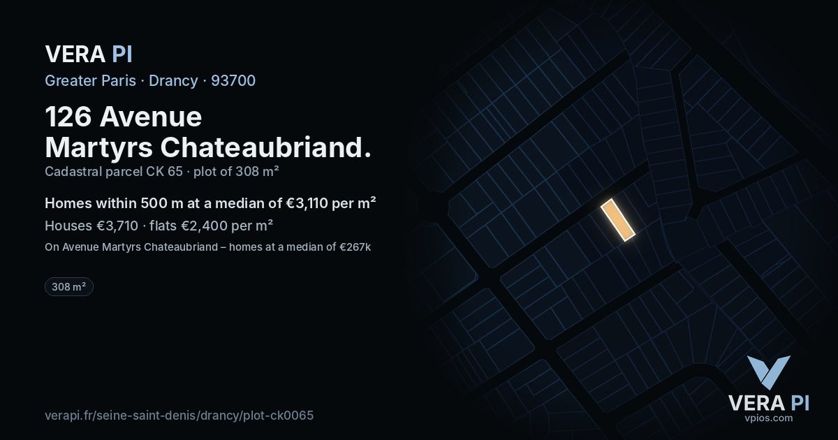 126 Avenue Martyrs Chateaubriand, Drancy at night – the plot lit, the parcels around coloured by the prices near them
