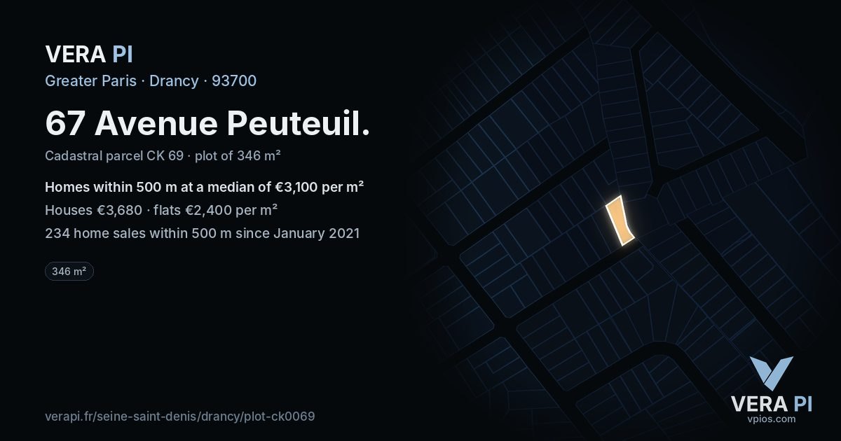 67 Avenue Peuteuil, Drancy at night – the plot lit, the parcels around coloured by the prices near them