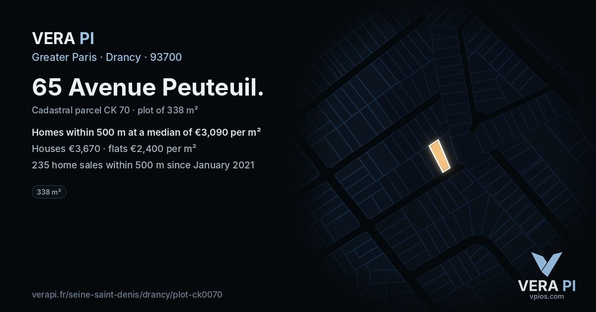 65 Avenue Peuteuil, Drancy at night – the plot lit, the parcels around coloured by the prices near them