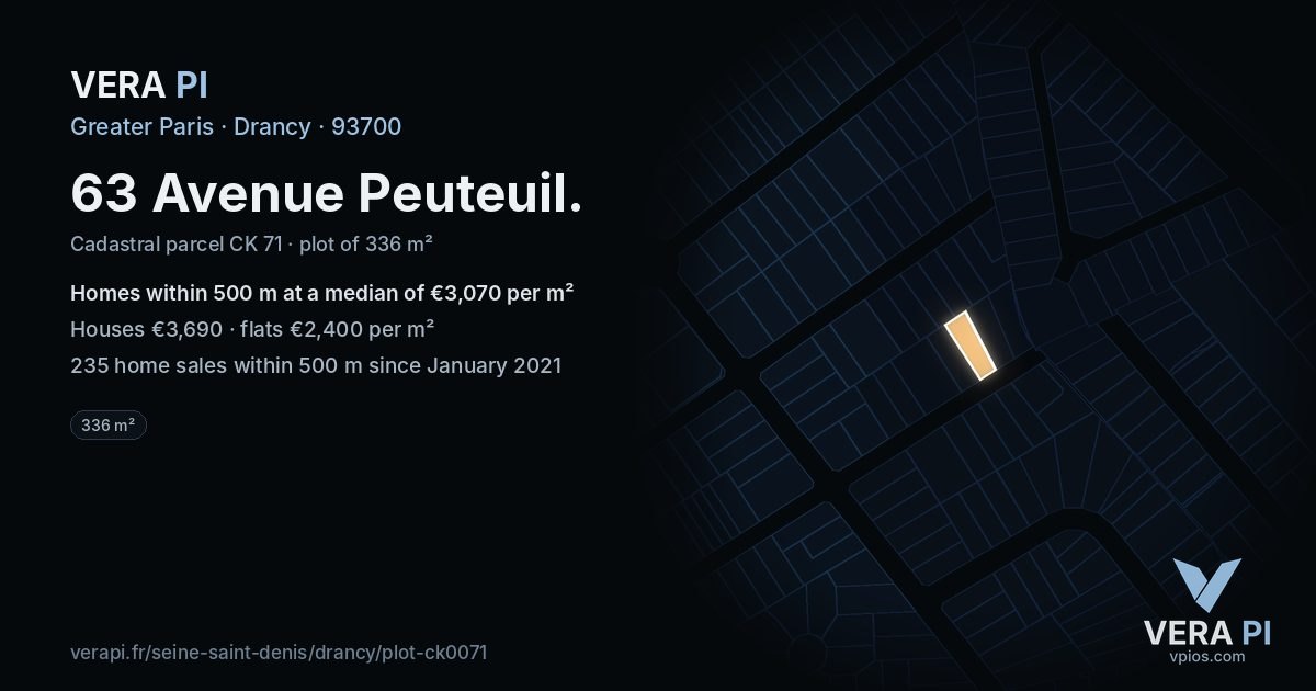 63 Avenue Peuteuil, Drancy at night – the plot lit, the parcels around coloured by the prices near them