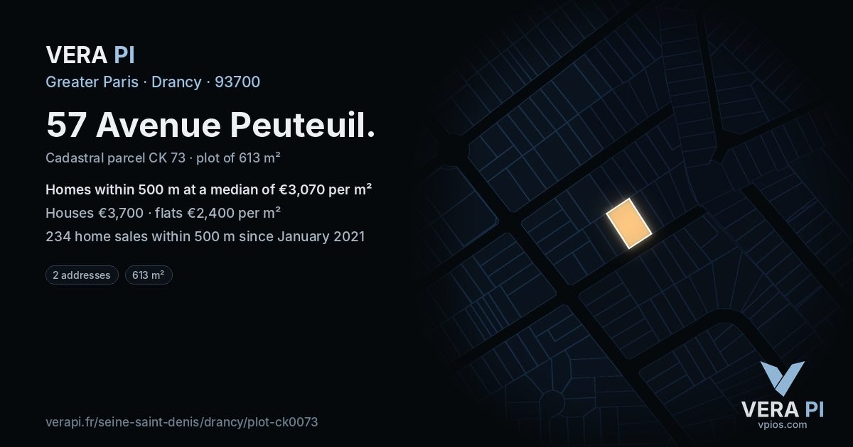 57 Avenue Peuteuil, Drancy at night – the plot lit, the parcels around coloured by the prices near them