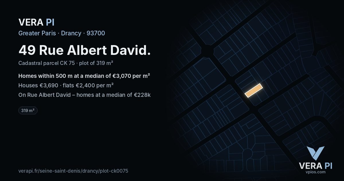 49 Rue Albert David, Drancy at night – the plot lit, the parcels around coloured by the prices near them
