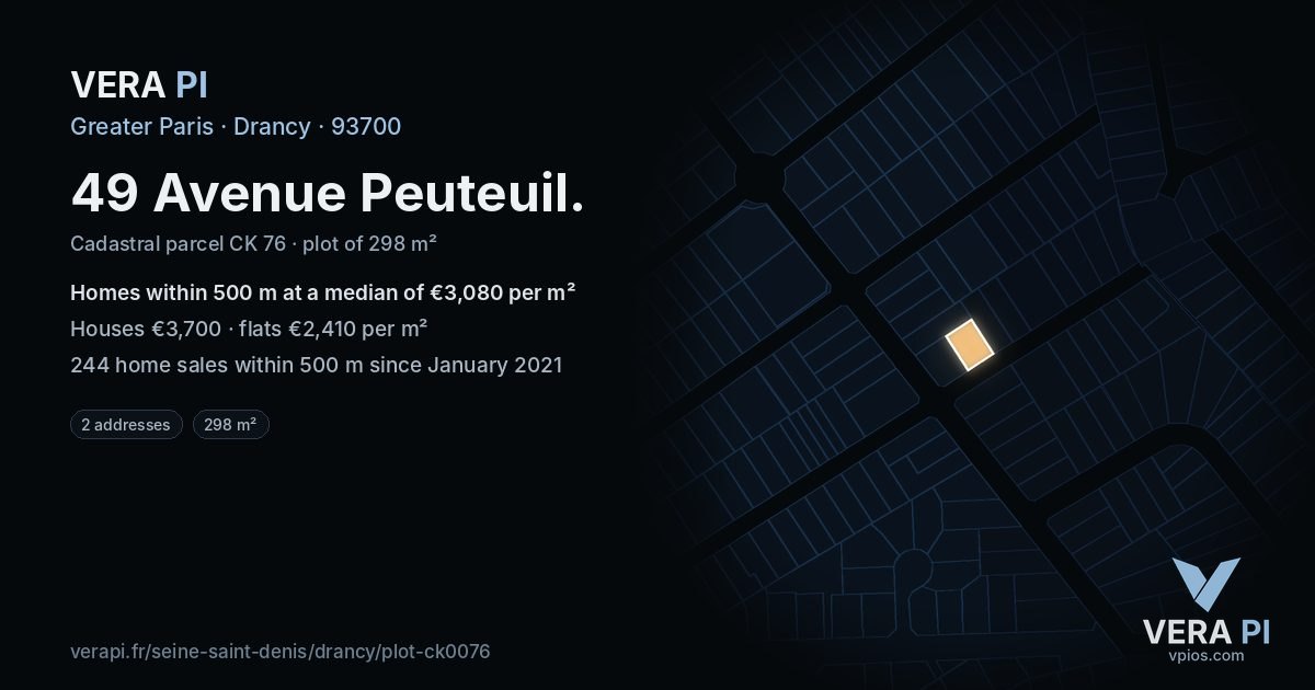 49 Avenue Peuteuil, Drancy at night – the plot lit, the parcels around coloured by the prices near them