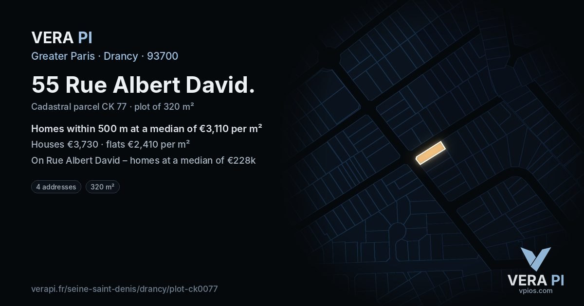 55 Rue Albert David, Drancy at night – the plot lit, the parcels around coloured by the prices near them