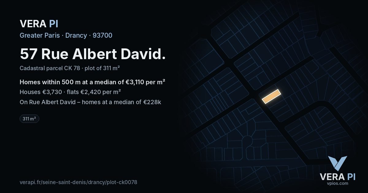 57 Rue Albert David, Drancy at night – the plot lit, the parcels around coloured by the prices near them