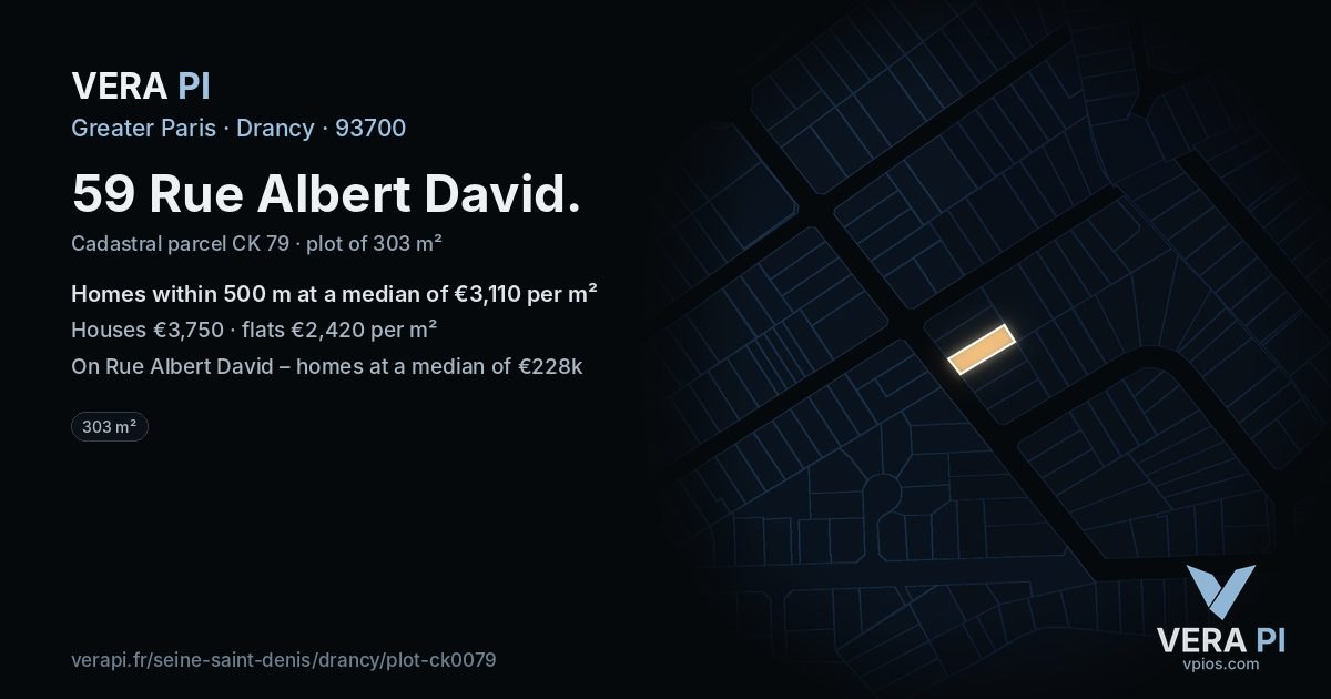 59 Rue Albert David, Drancy at night – the plot lit, the parcels around coloured by the prices near them