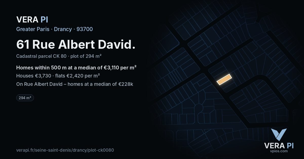 61 Rue Albert David, Drancy at night – the plot lit, the parcels around coloured by the prices near them