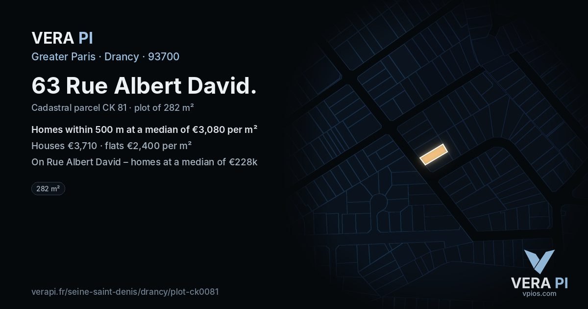 63 Rue Albert David, Drancy at night – the plot lit, the parcels around coloured by the prices near them