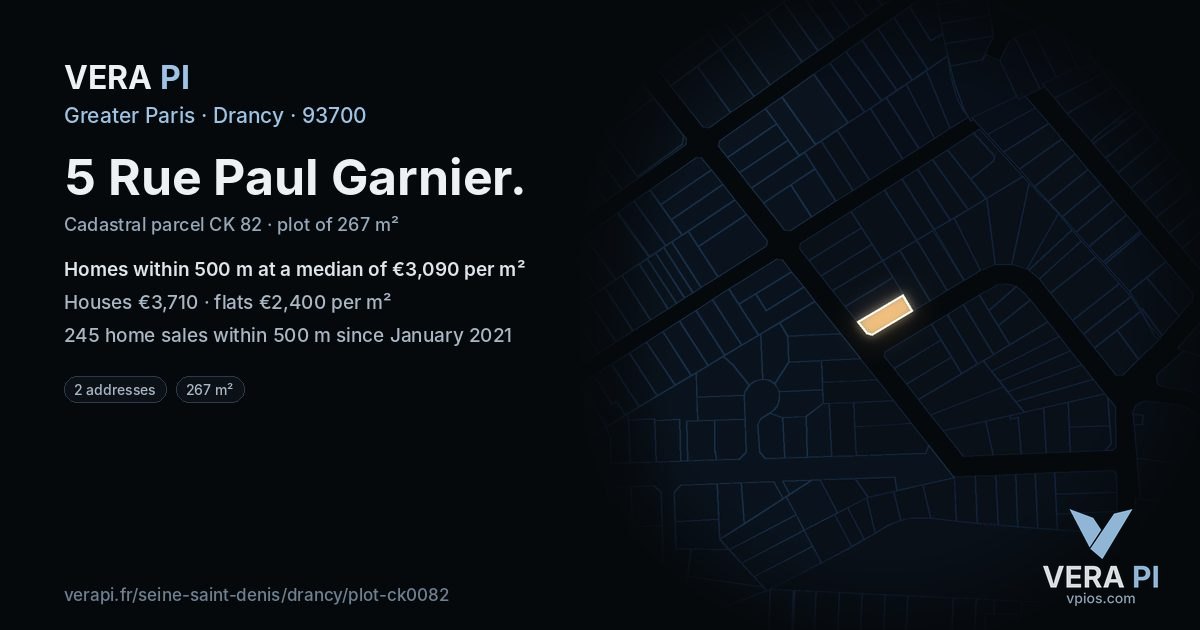 5 Rue Paul Garnier, Drancy at night – the plot lit, the parcels around coloured by the prices near them