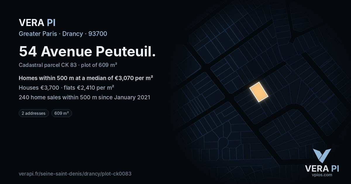 54 Avenue Peuteuil, Drancy at night – the plot lit, the parcels around coloured by the prices near them