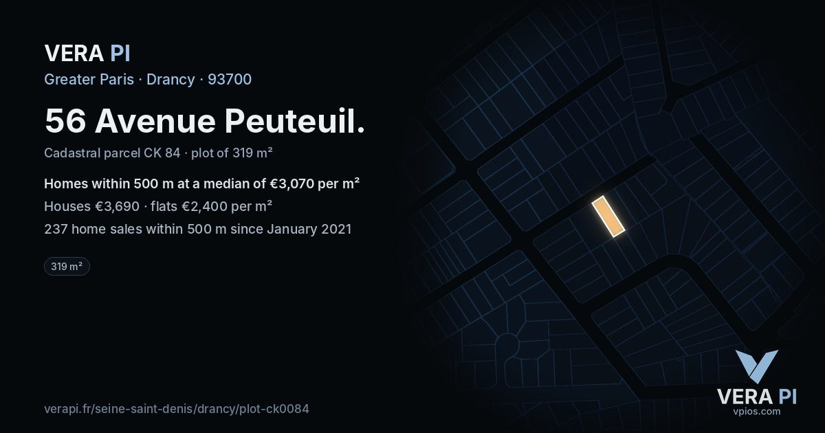 56 Avenue Peuteuil, Drancy at night – the plot lit, the parcels around coloured by the prices near them