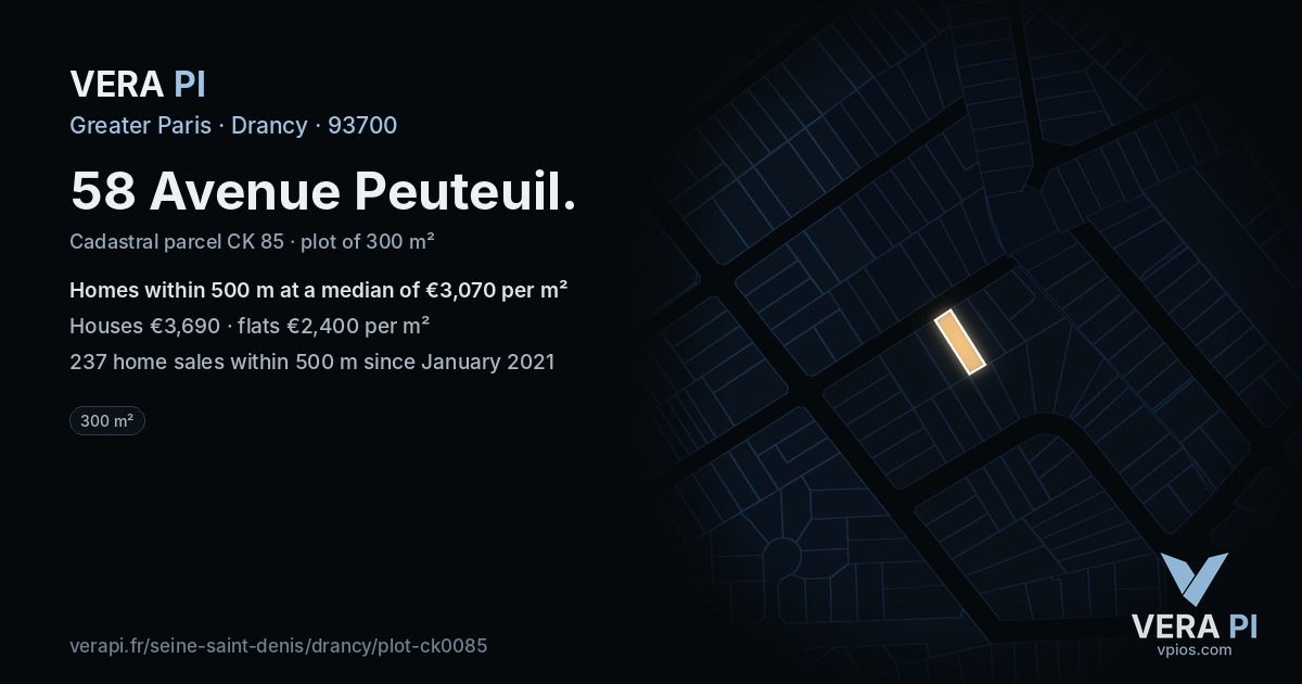 58 Avenue Peuteuil, Drancy at night – the plot lit, the parcels around coloured by the prices near them