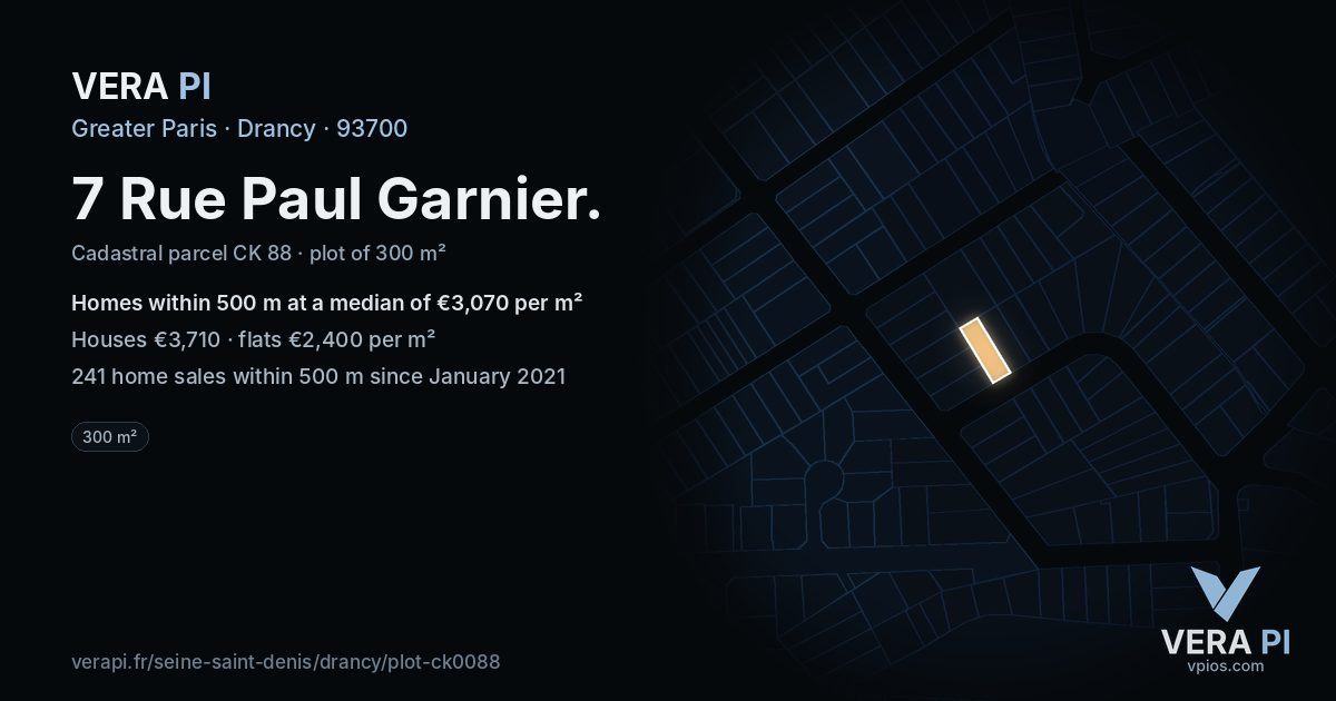 7 Rue Paul Garnier, Drancy at night – the plot lit, the parcels around coloured by the prices near them