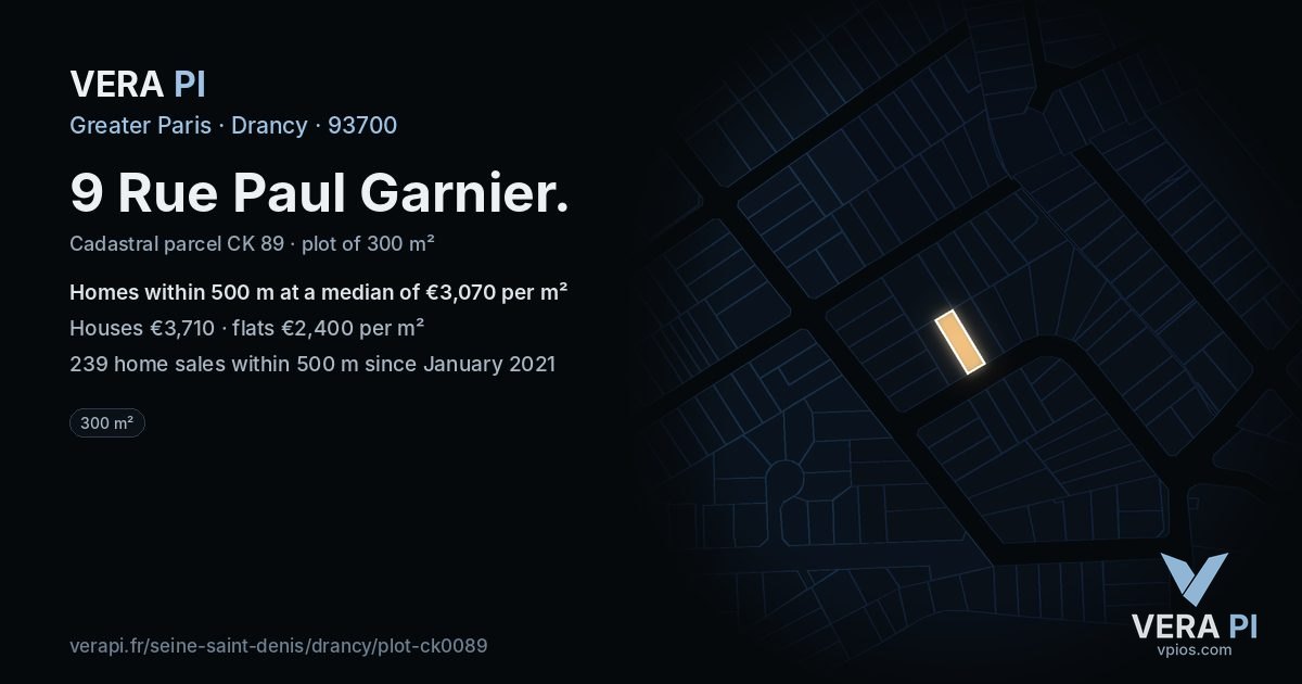 9 Rue Paul Garnier, Drancy at night – the plot lit, the parcels around coloured by the prices near them