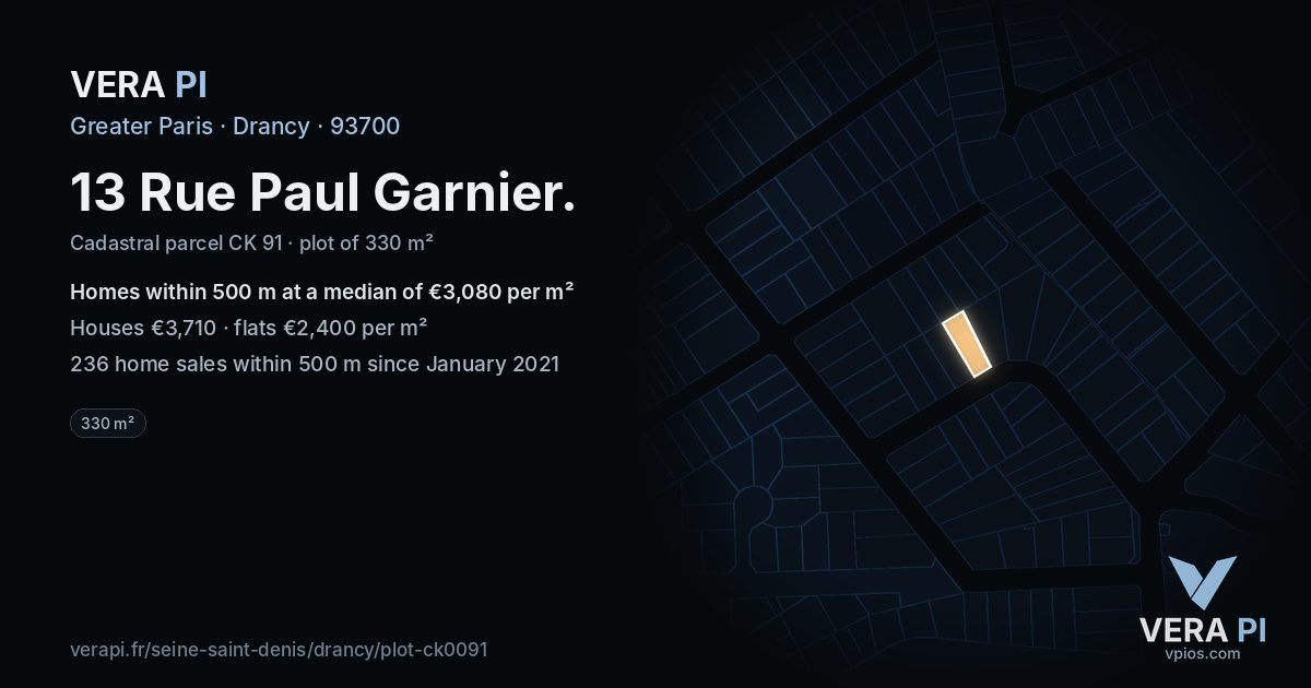 13 Rue Paul Garnier, Drancy at night – the plot lit, the parcels around coloured by the prices near them