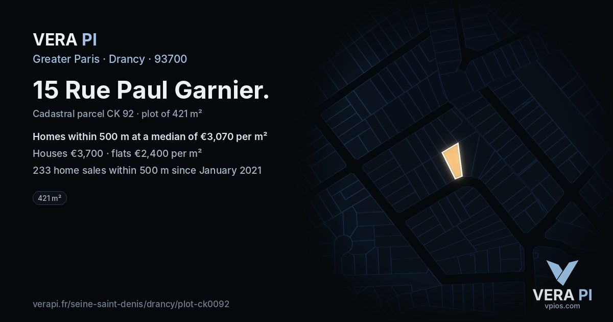 15 Rue Paul Garnier, Drancy at night – the plot lit, the parcels around coloured by the prices near them