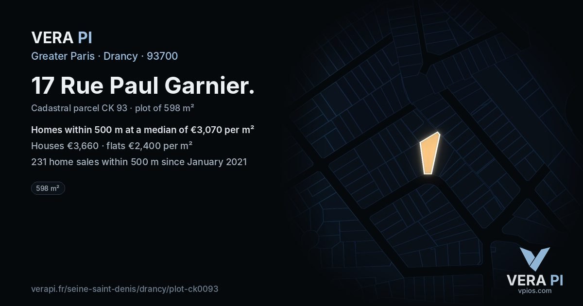 17 Rue Paul Garnier, Drancy at night – the plot lit, the parcels around coloured by the prices near them